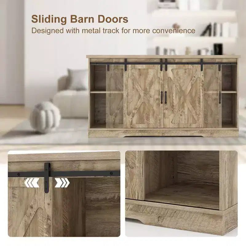 Farmhouse TV Stand with Sliding Barn Doors and Adjustable Shelves for TVs up to 65"
