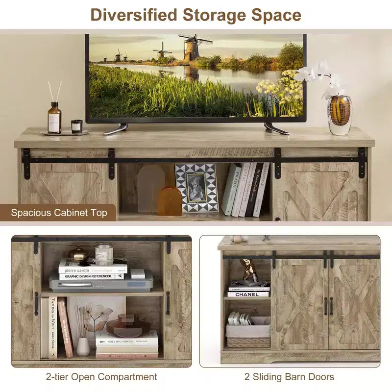 Farmhouse TV Stand with Sliding Barn Doors and Adjustable Shelves for TVs up to 65"