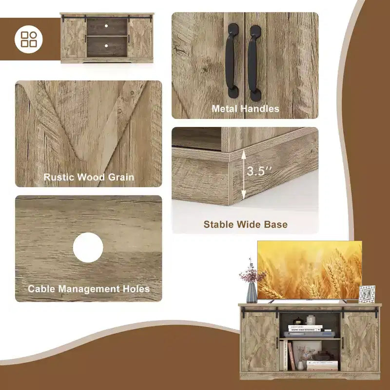 Farmhouse TV Stand with Sliding Barn Doors and Adjustable Shelves for TVs up to 65"