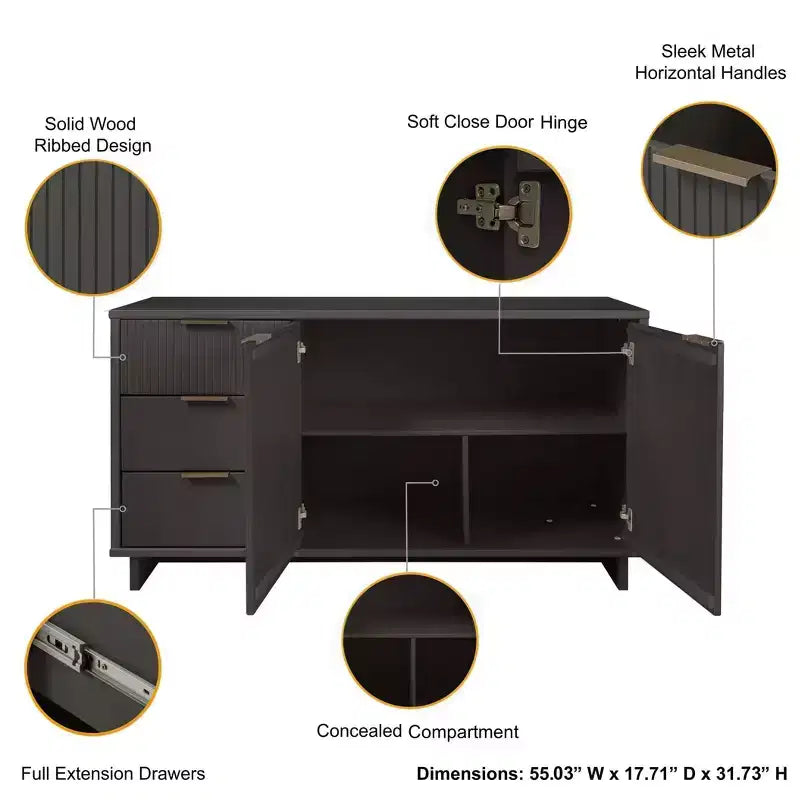 55" Modern 3-Drawer Sideboard Glossy White
