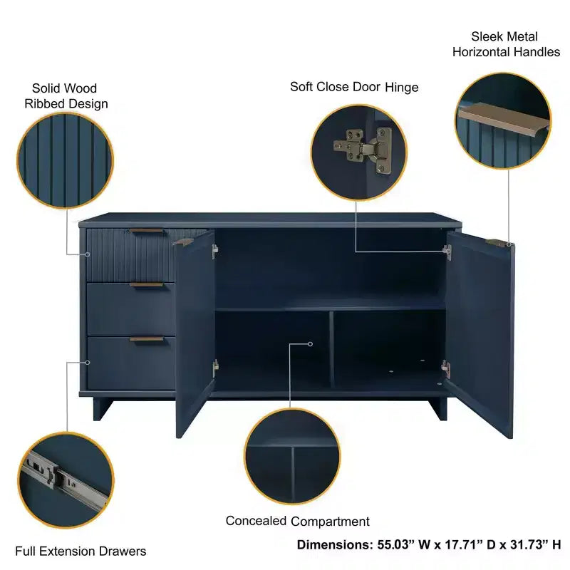 55" Modern 3-Drawer Sideboard Glossy White