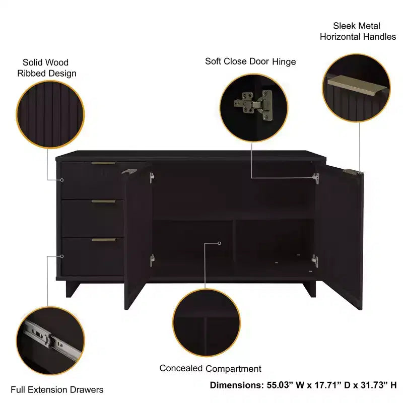 55" Modern 3-Drawer Sideboard Glossy White