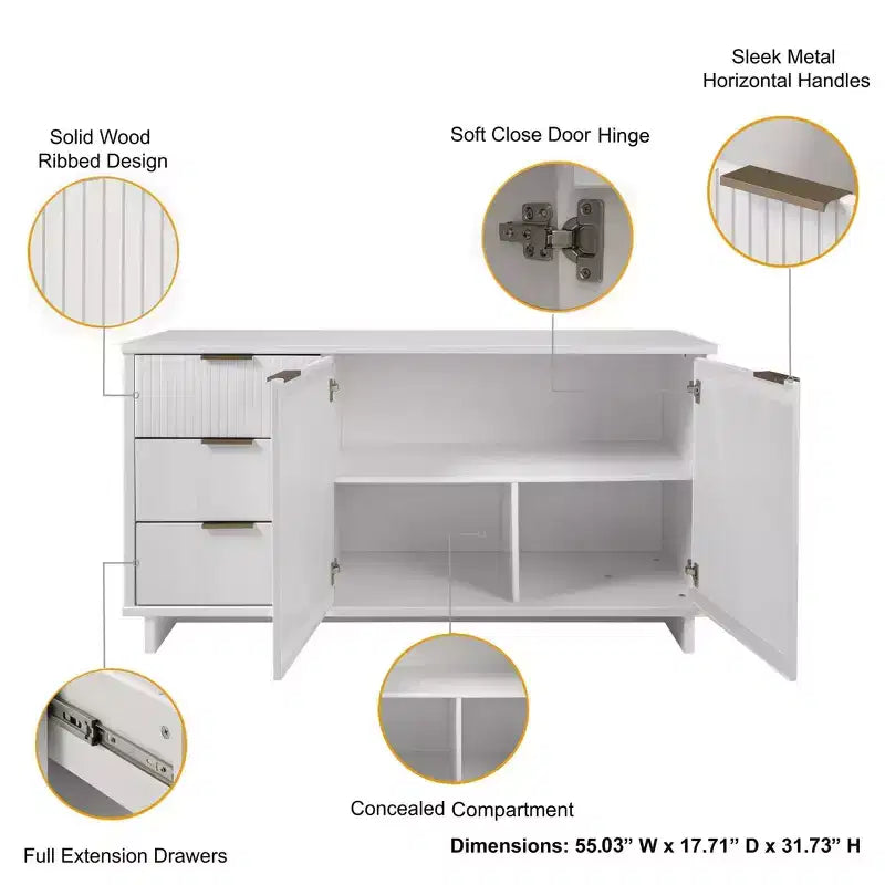 55" Modern 3-Drawer Sideboard Glossy White