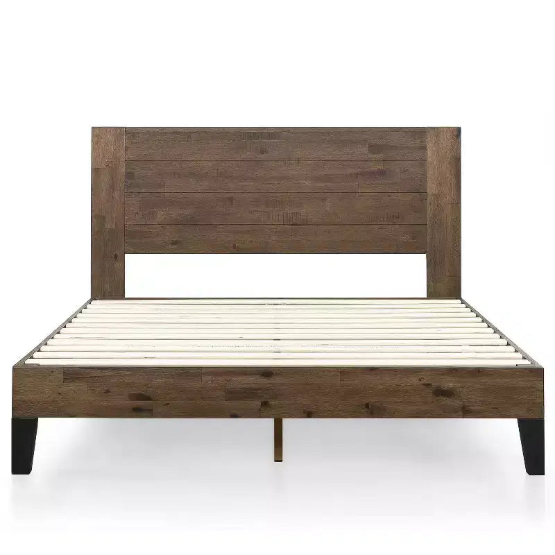 Wood Platform Bed Frame with Headboard Brown