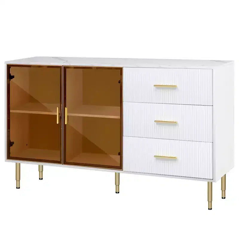 60" Modern Sideboard with Amber Glass Doors and Gold Metal Legs