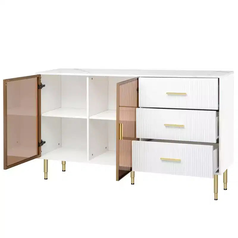 60" Modern Sideboard with Amber Glass Doors and Gold Metal Legs