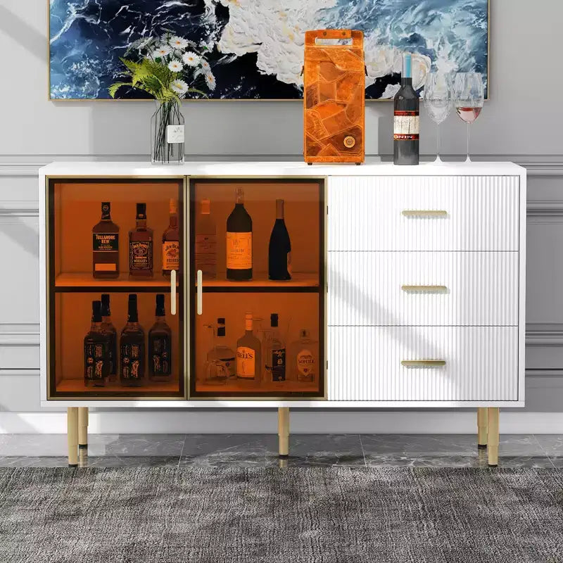 60" Modern Sideboard with Amber Glass Doors and Gold Metal Legs