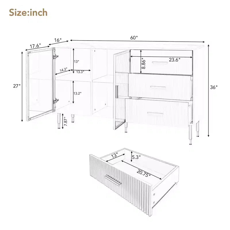 60" Modern Sideboard with Amber Glass Doors and Gold Metal Legs