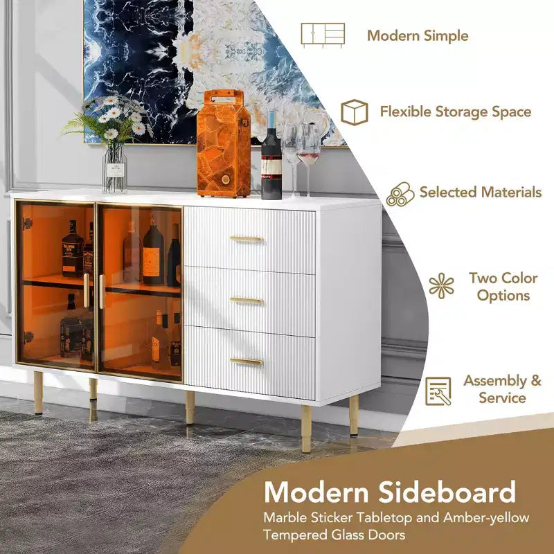 60" Modern Sideboard with Amber Glass Doors and Gold Metal Legs