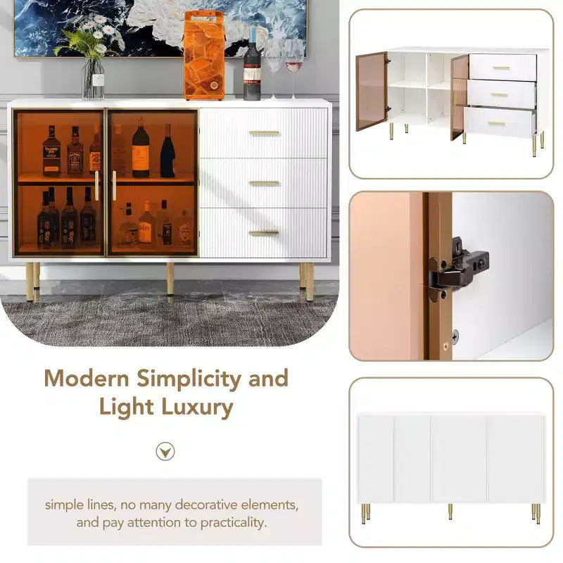 60" Modern Sideboard with Amber Glass Doors and Gold Metal Legs