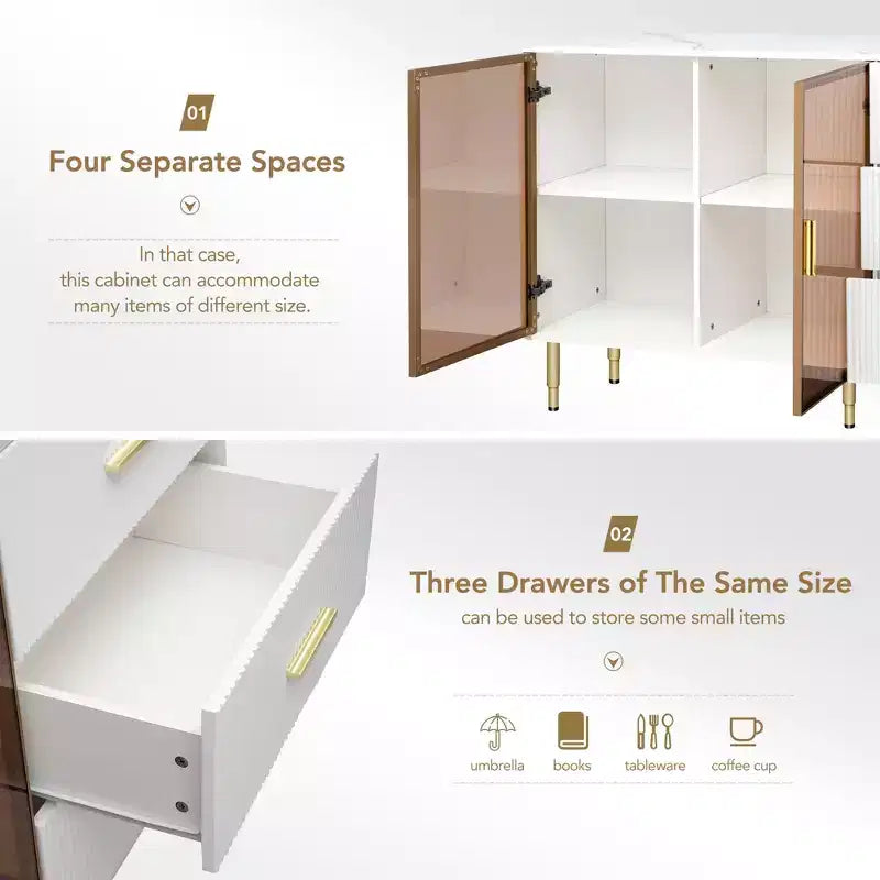 60" Modern Sideboard with Amber Glass Doors and Gold Metal Legs