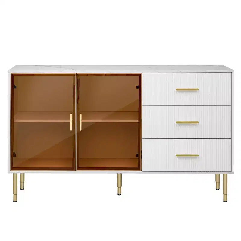 60" Modern Sideboard with Amber Glass Doors and Gold Metal Legs