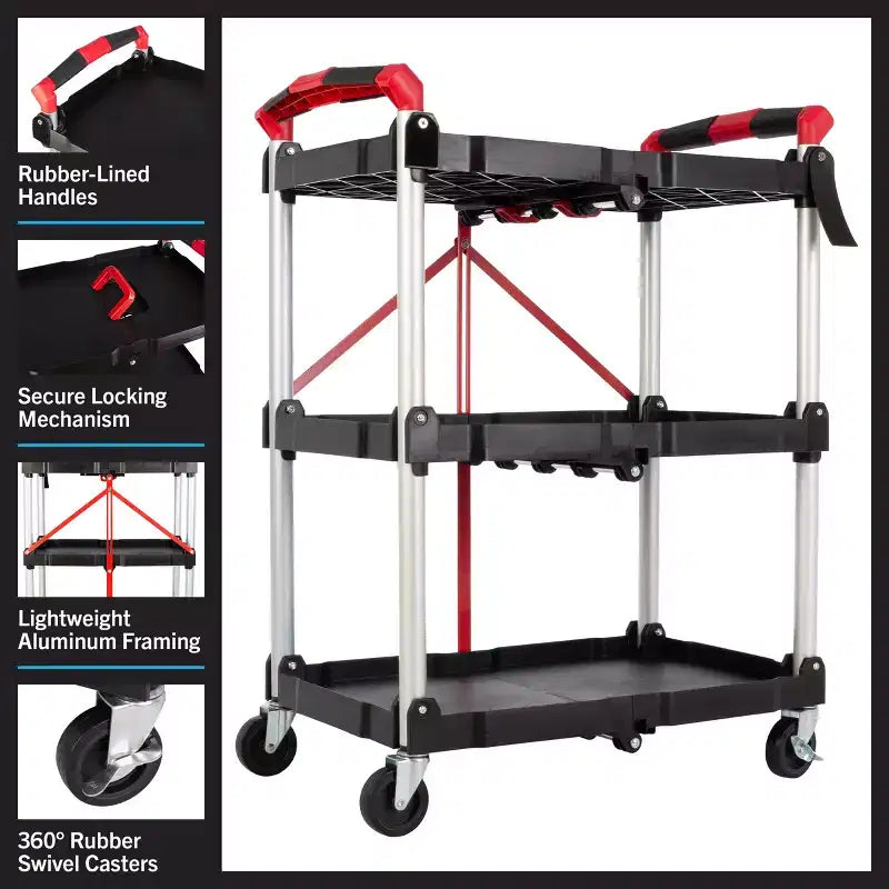 Folding Utility Cart with Wheels 50 lb Capacity Per Shelf