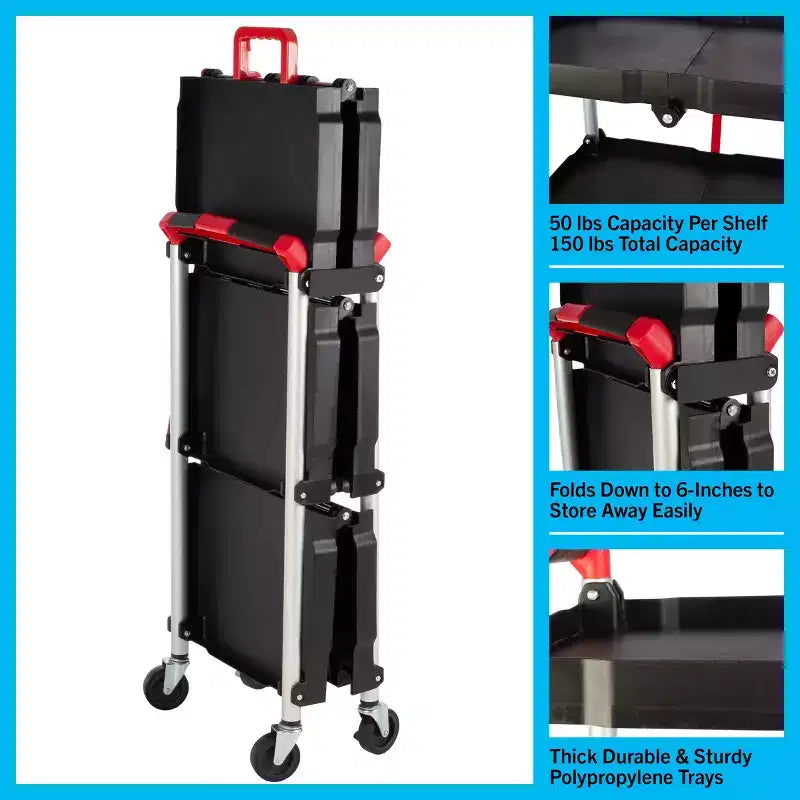 Folding Utility Cart with Wheels 50 lb Capacity Per Shelf