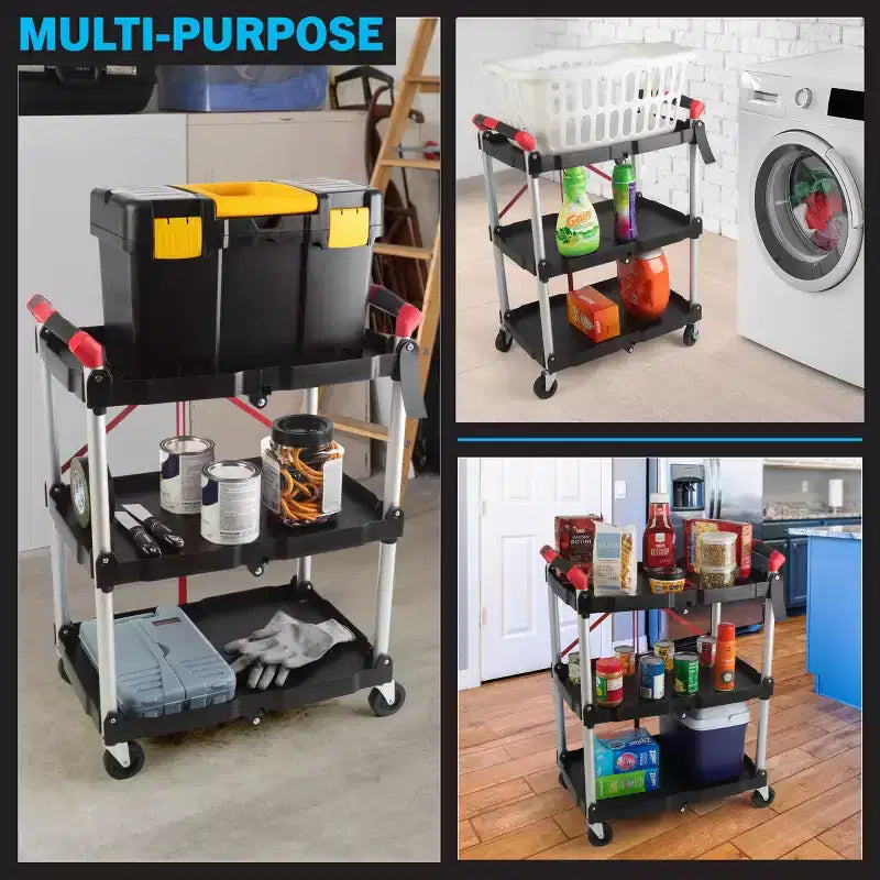 Folding Utility Cart with Wheels 50 lb Capacity Per Shelf
