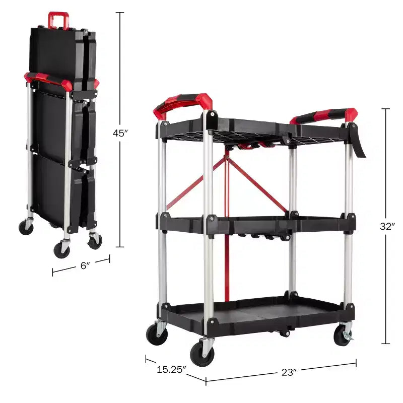 Folding Utility Cart with Wheels 50 lb Capacity Per Shelf