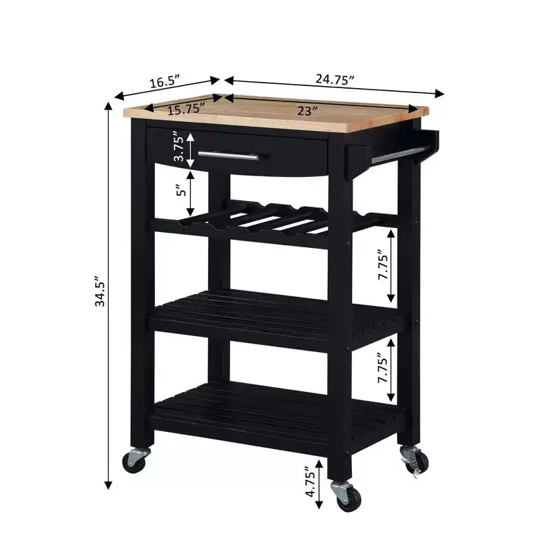 4-Tier Butcher Block Kitchen Cart with Drawer and Wine Rack