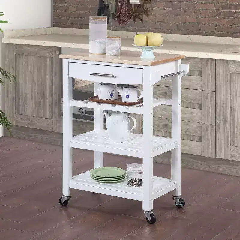 4-Tier Butcher Block Kitchen Cart with Drawer and Wine Rack