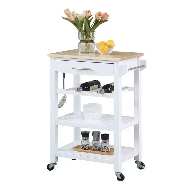 4-Tier Butcher Block Kitchen Cart with Drawer and Wine Rack