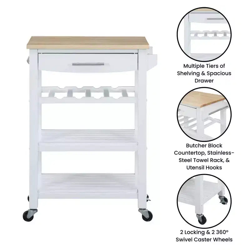 4-Tier Butcher Block Kitchen Cart with Drawer and Wine Rack