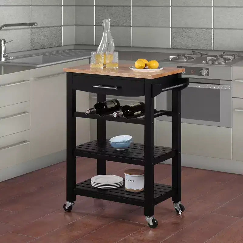 4-Tier Butcher Block Kitchen Cart with Drawer and Wine Rack