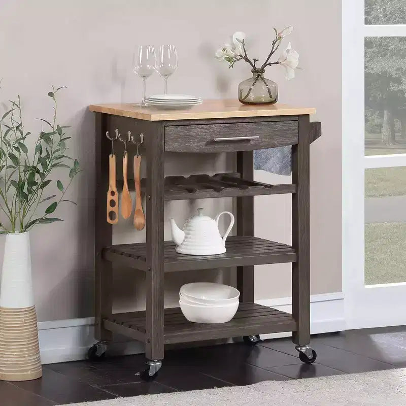4-Tier Butcher Block Kitchen Cart with Drawer and Wine Rack