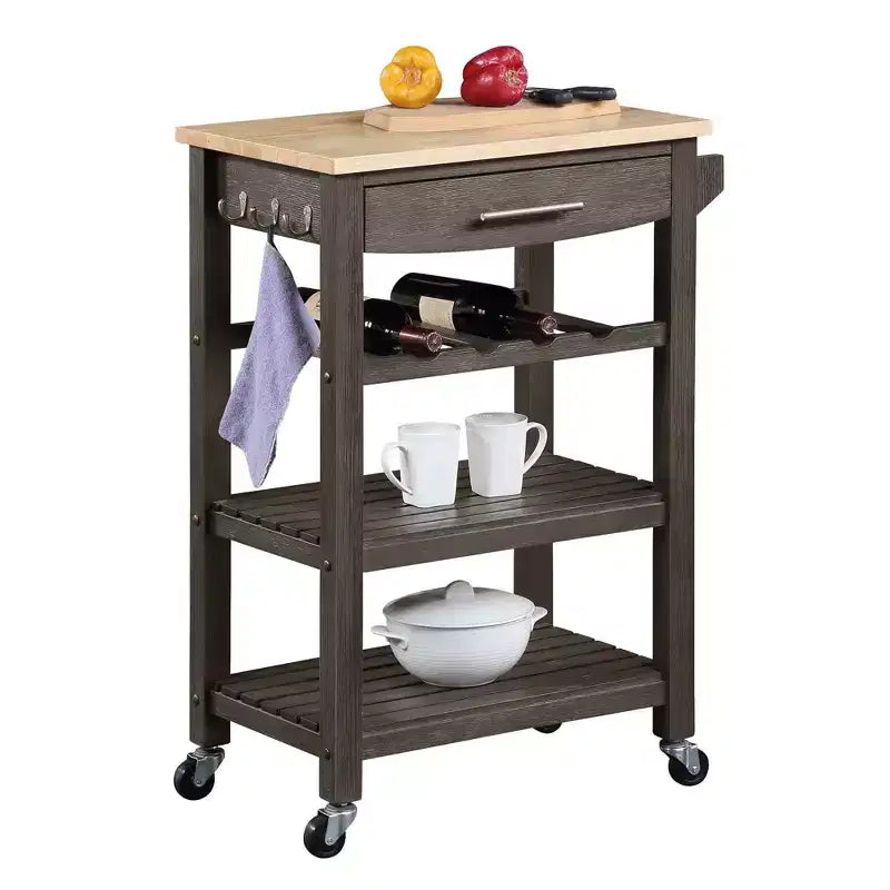 4-Tier Butcher Block Kitchen Cart with Drawer and Wine Rack