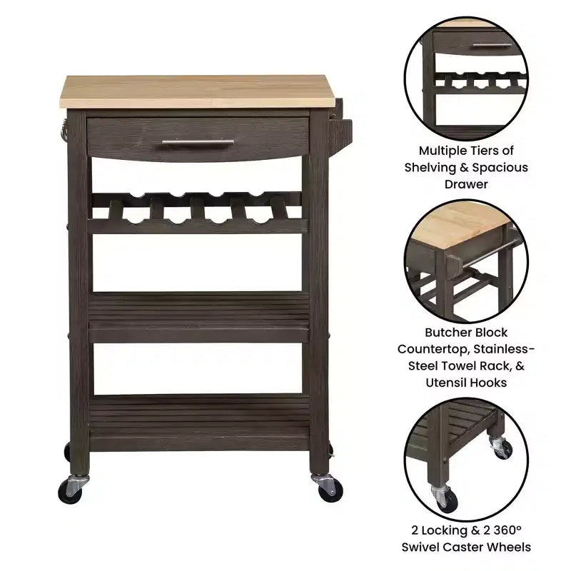 4-Tier Butcher Block Kitchen Cart with Drawer and Wine Rack