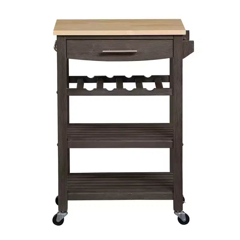 4-Tier Butcher Block Kitchen Cart with Drawer and Wine Rack
