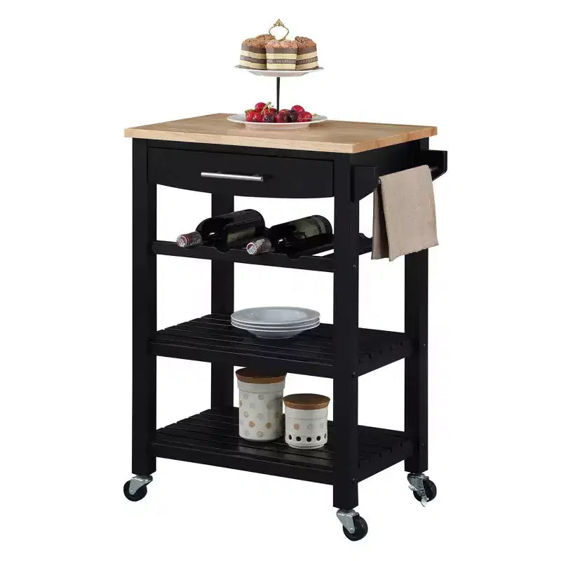 4-Tier Butcher Block Kitchen Cart with Drawer and Wine Rack