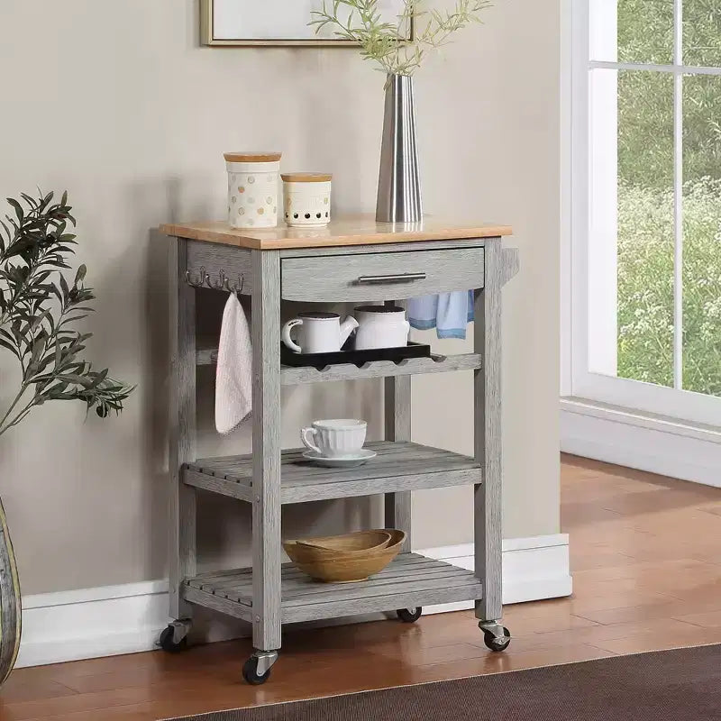 4-Tier Butcher Block Kitchen Cart with Drawer and Wine Rack