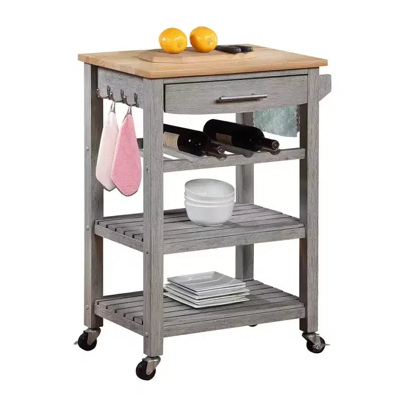 4-Tier Butcher Block Kitchen Cart with Drawer and Wine Rack