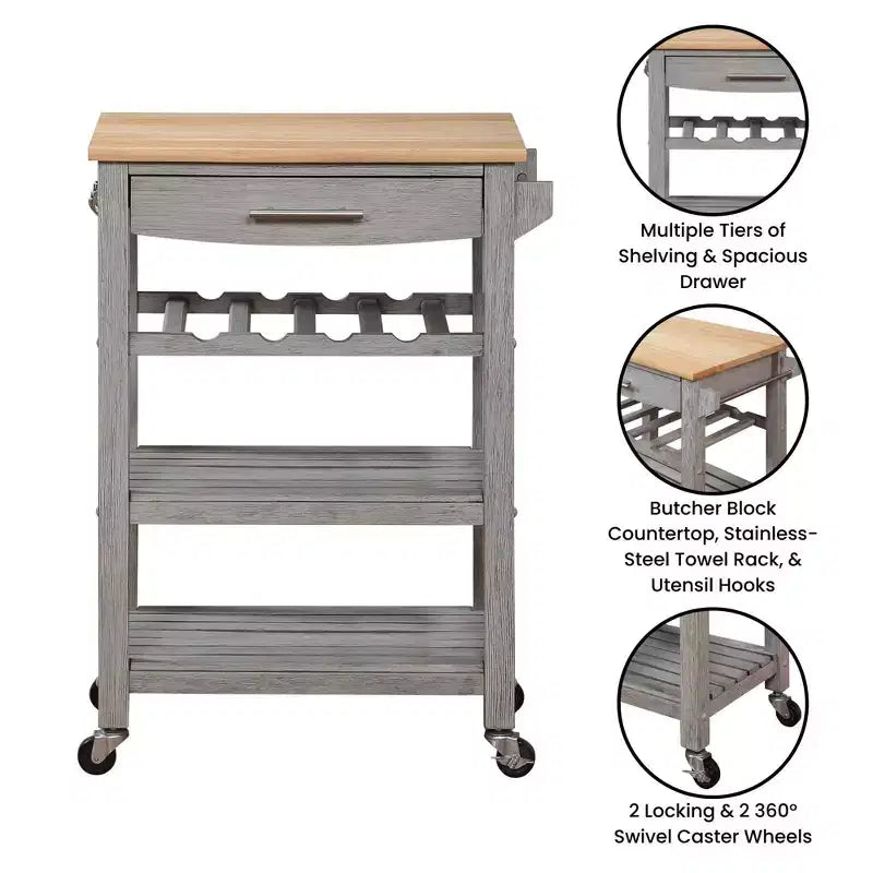 4-Tier Butcher Block Kitchen Cart with Drawer and Wine Rack