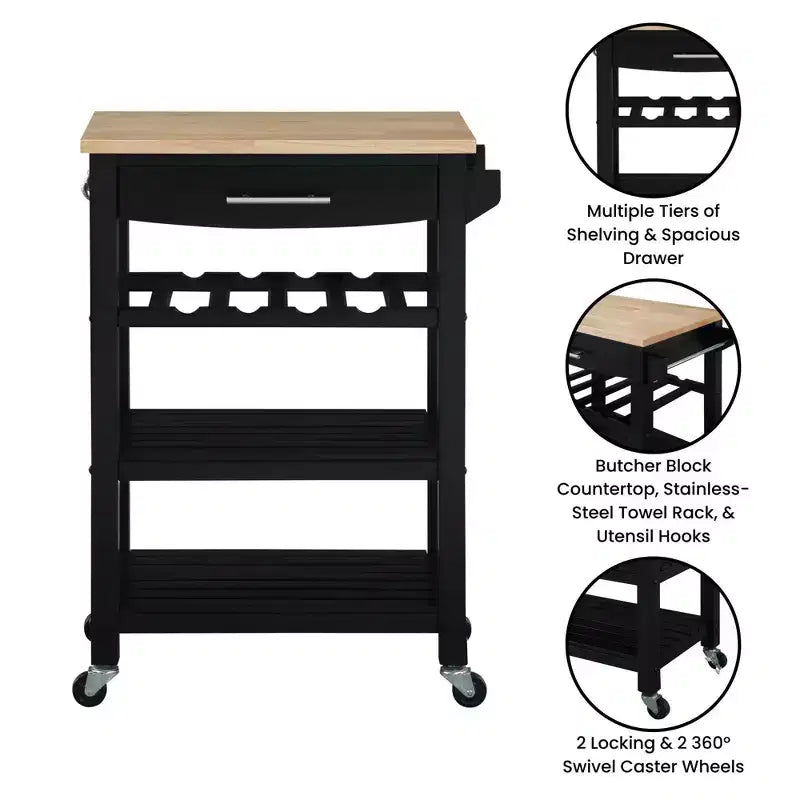 4-Tier Butcher Block Kitchen Cart with Drawer and Wine Rack
