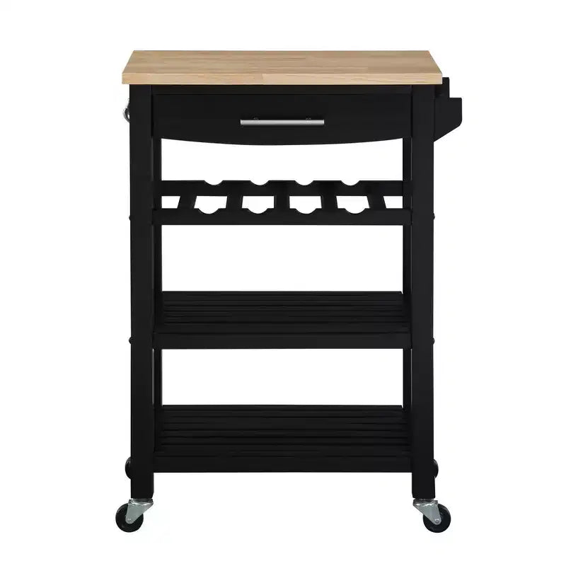 4-Tier Butcher Block Kitchen Cart with Drawer and Wine Rack