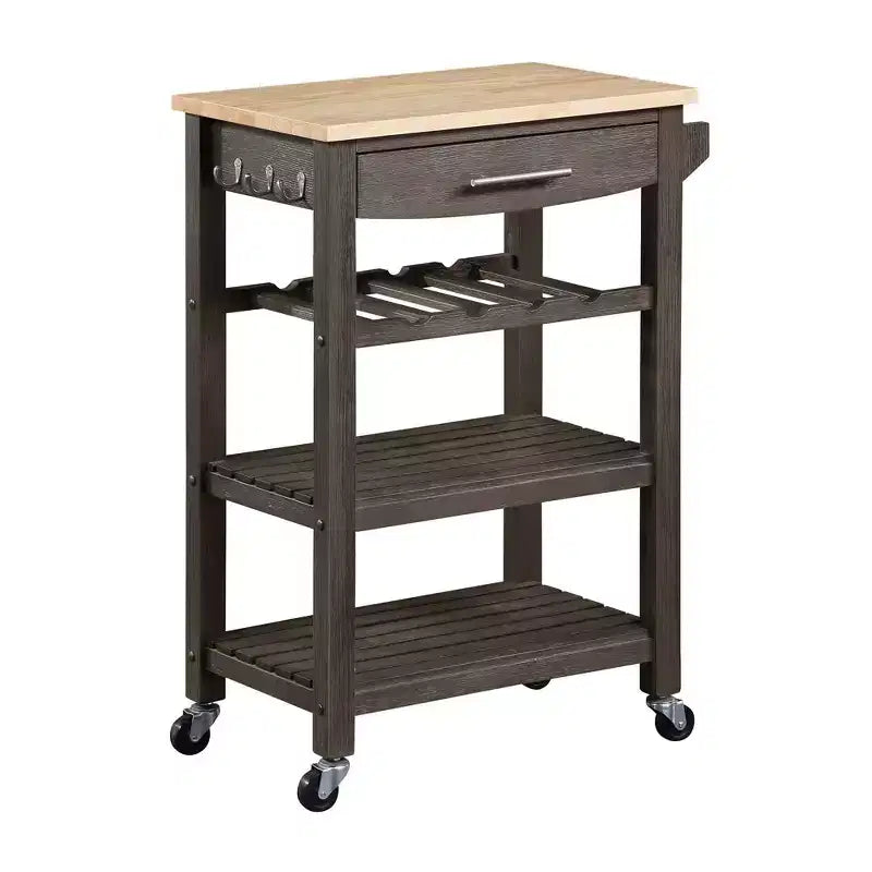 4-Tier Butcher Block Kitchen Cart with Drawer and Wine Rack