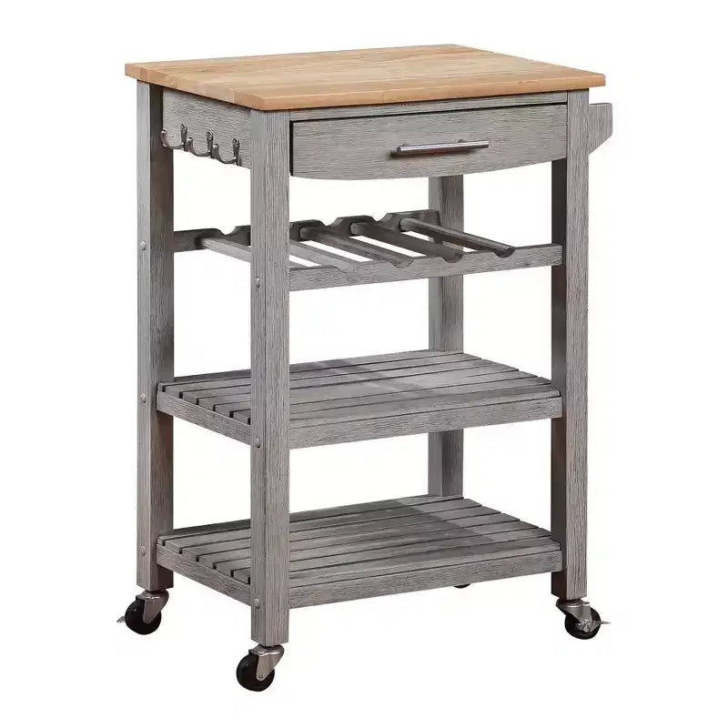 4-Tier Butcher Block Kitchen Cart with Drawer and Wine Rack