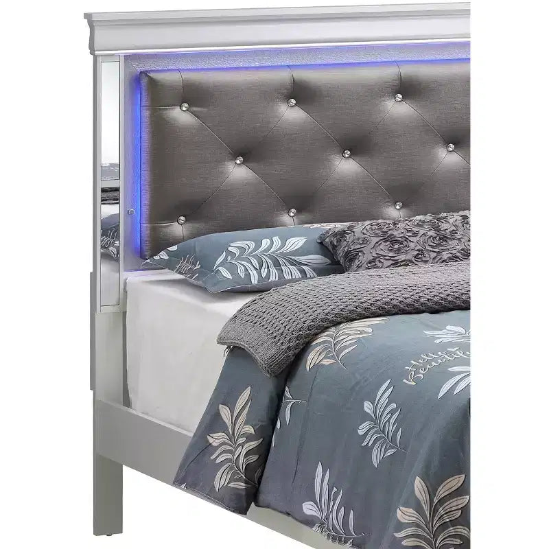 Panel Bed with LED Headboard and Mirror Trim