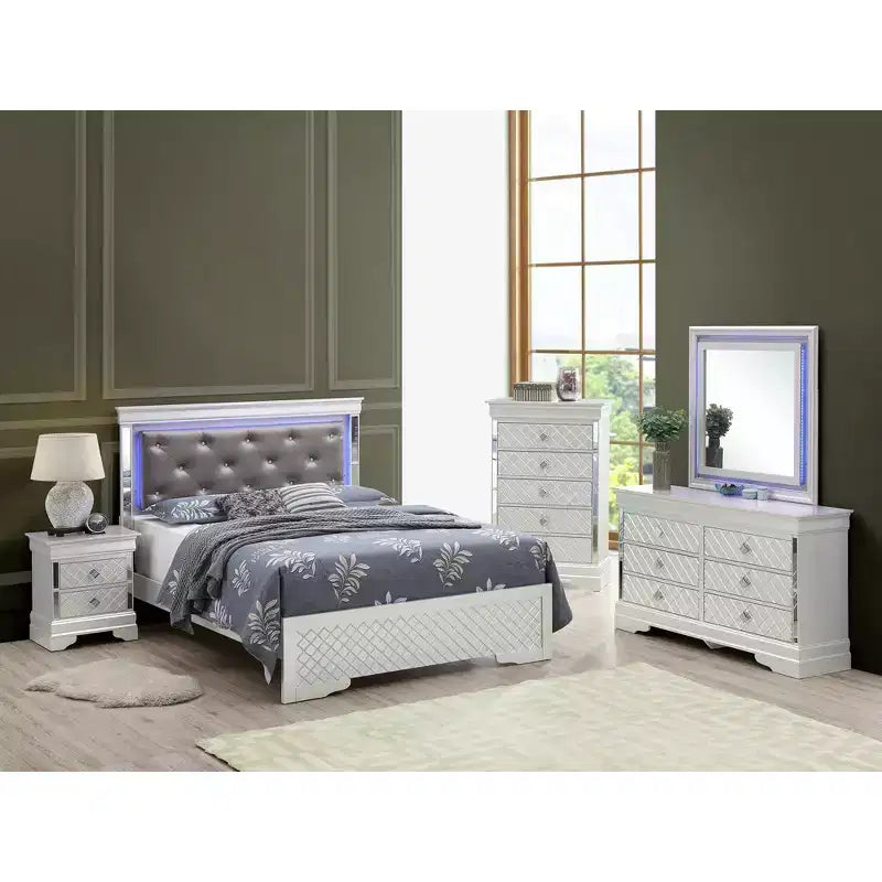 Panel Bed with LED Headboard and Mirror Trim