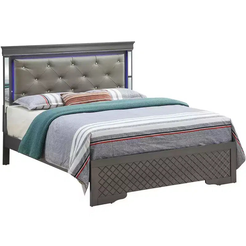 Panel Bed with LED Headboard and Mirror Trim