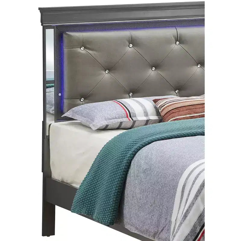 Panel Bed with LED Headboard and Mirror Trim