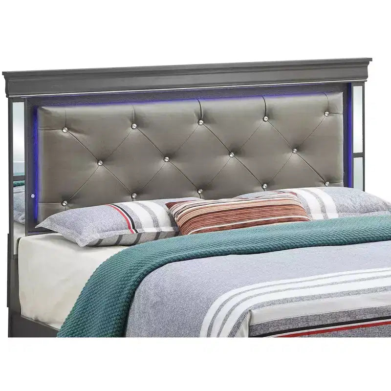 Panel Bed with LED Headboard and Mirror Trim