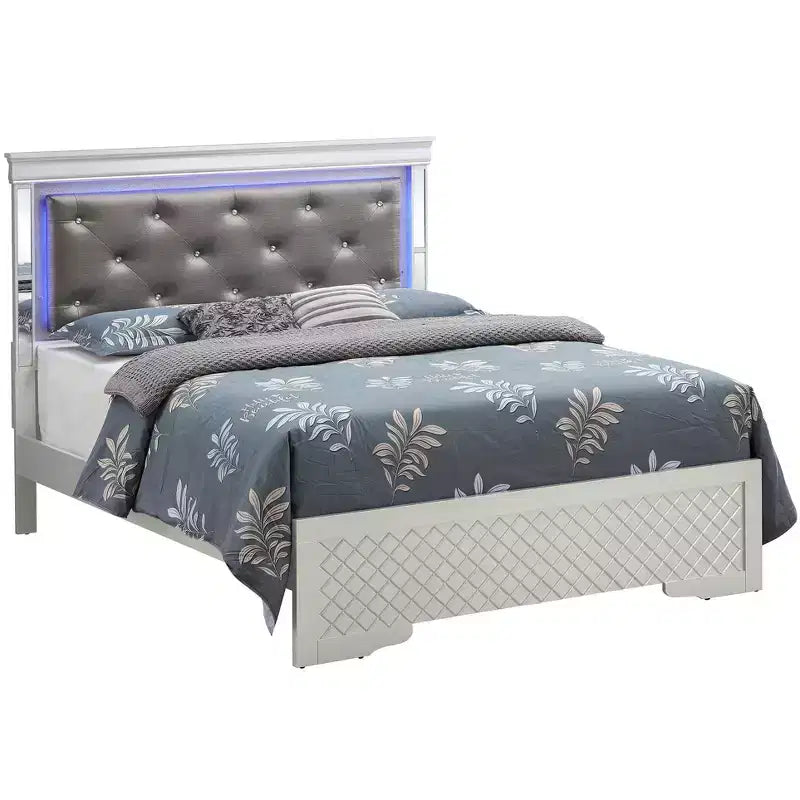 Panel Bed with LED Headboard and Mirror Trim