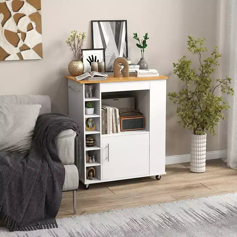 Rolling Kitchen Island Cart with Bamboo Top, Wine Rack, Towel Rack and Spice Rack White