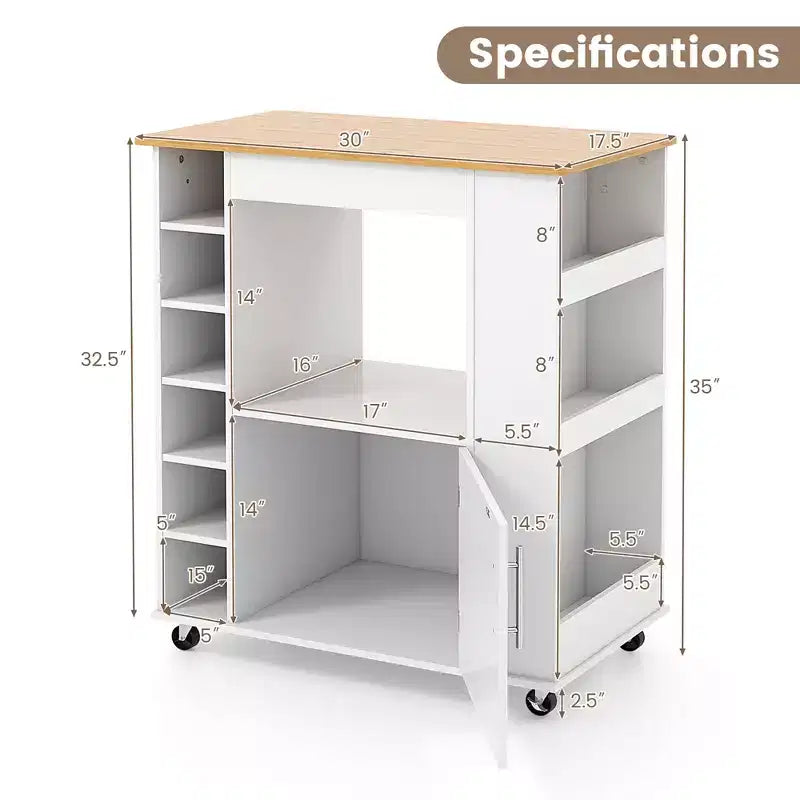 Rolling Kitchen Island Cart with Bamboo Top, Wine Rack, Towel Rack and Spice Rack White
