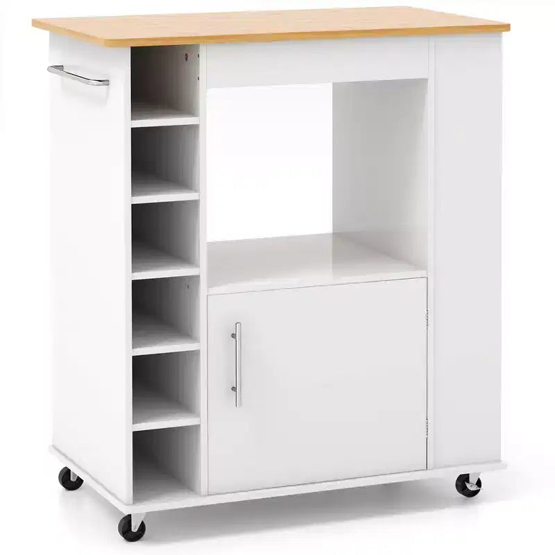 Rolling Kitchen Island Cart with Bamboo Top, Wine Rack, Towel Rack and Spice Rack White