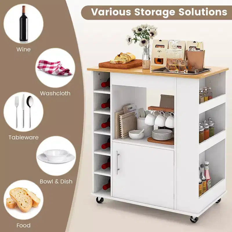 Rolling Kitchen Island Cart with Bamboo Top, Wine Rack, Towel Rack and Spice Rack White