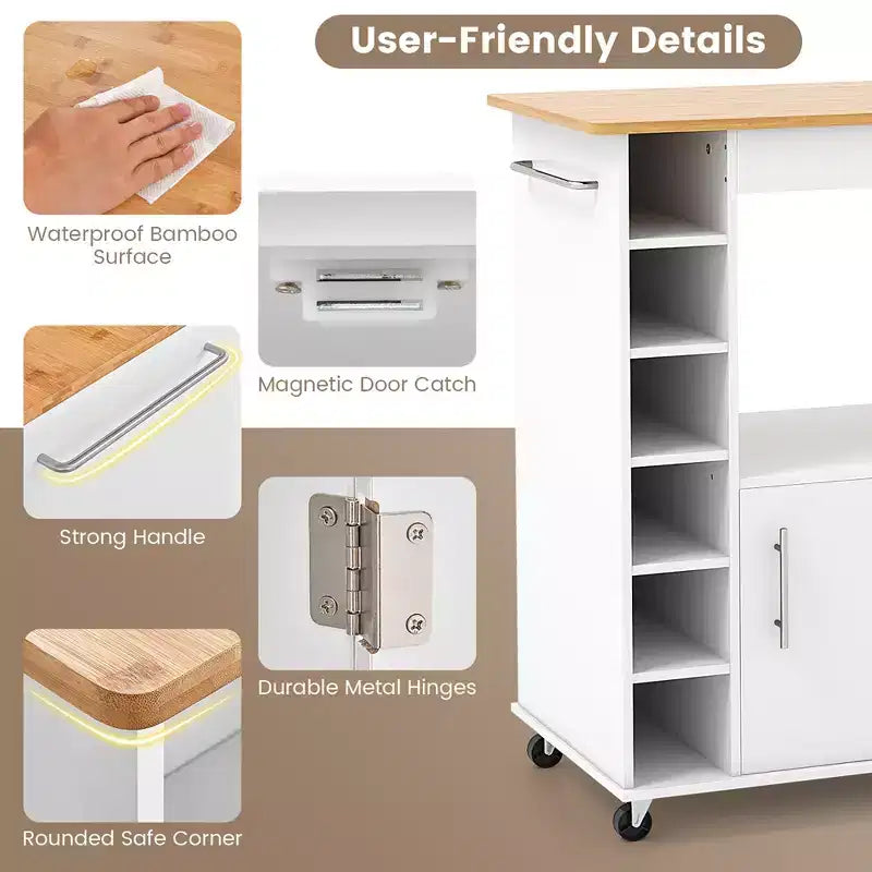 Rolling Kitchen Island Cart with Bamboo Top, Wine Rack, Towel Rack and Spice Rack White