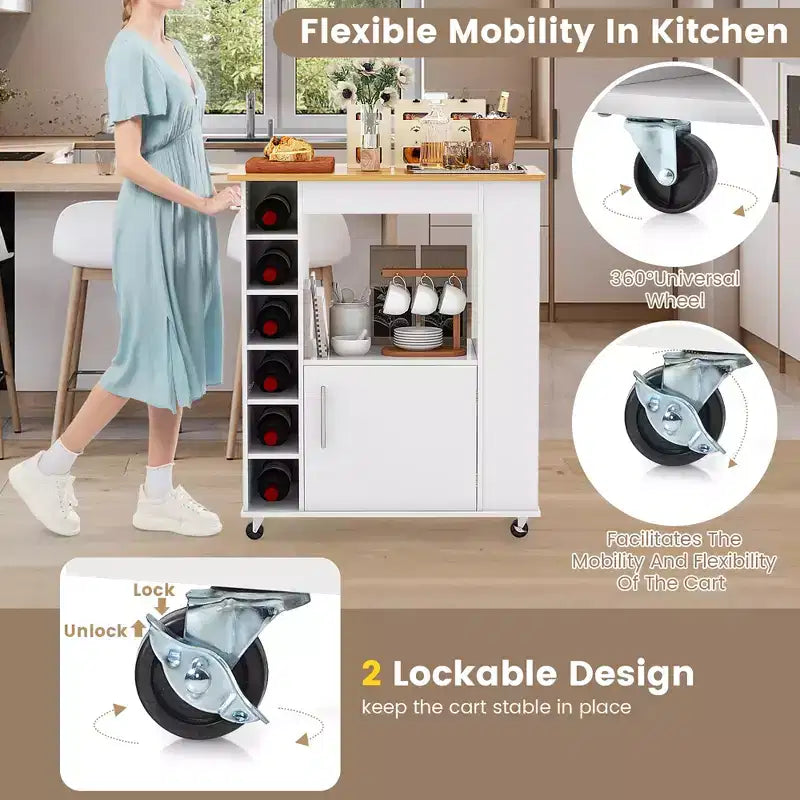 Rolling Kitchen Island Cart with Bamboo Top, Wine Rack, Towel Rack and Spice Rack White