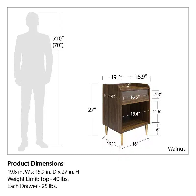 Kids Nightstand Walnut Mid-Century Modern with Drawer